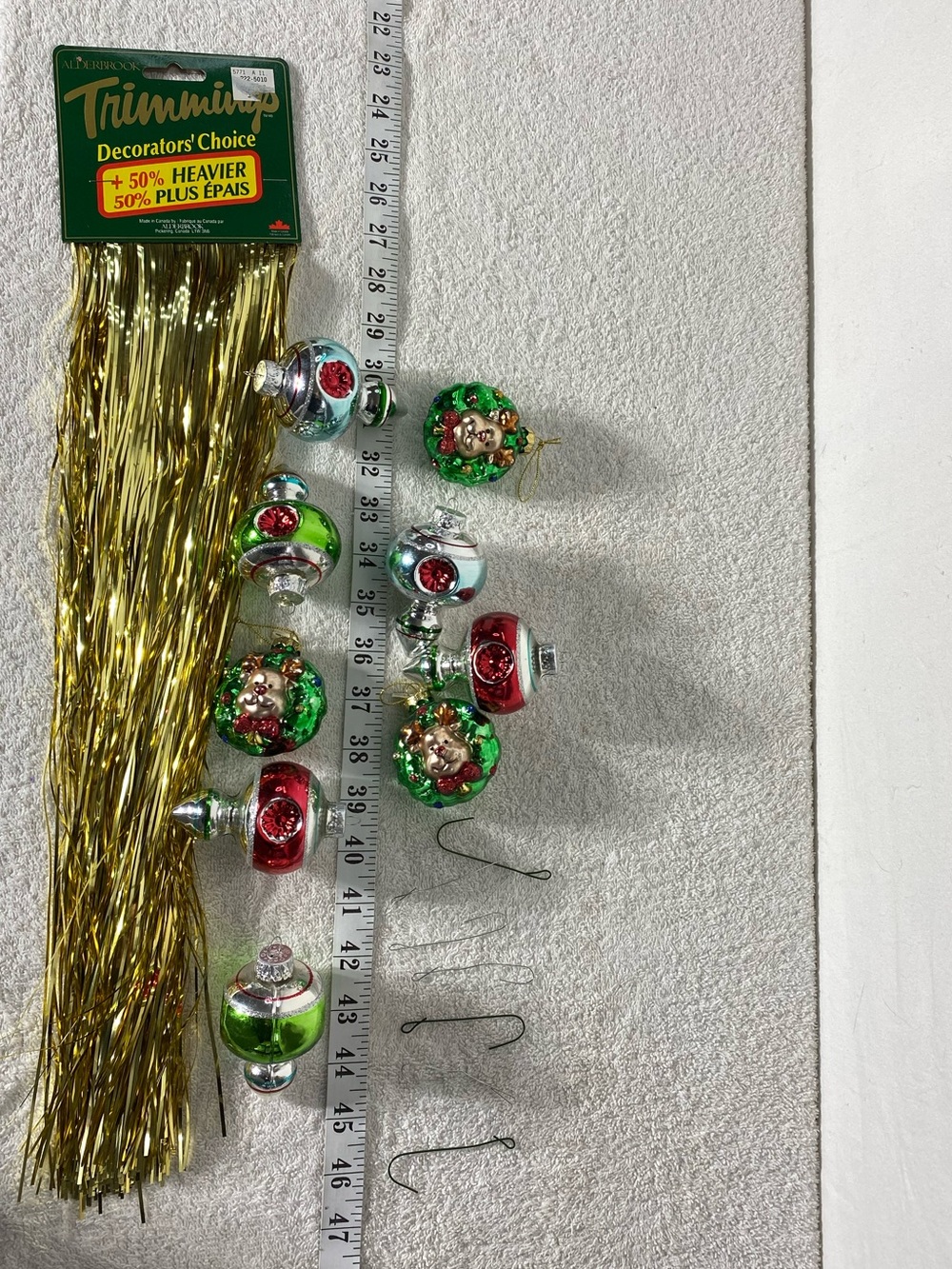 Vintage Glass Christmas Ornaments Lot Indent Reflector & Gold Tinsel Nostalgia